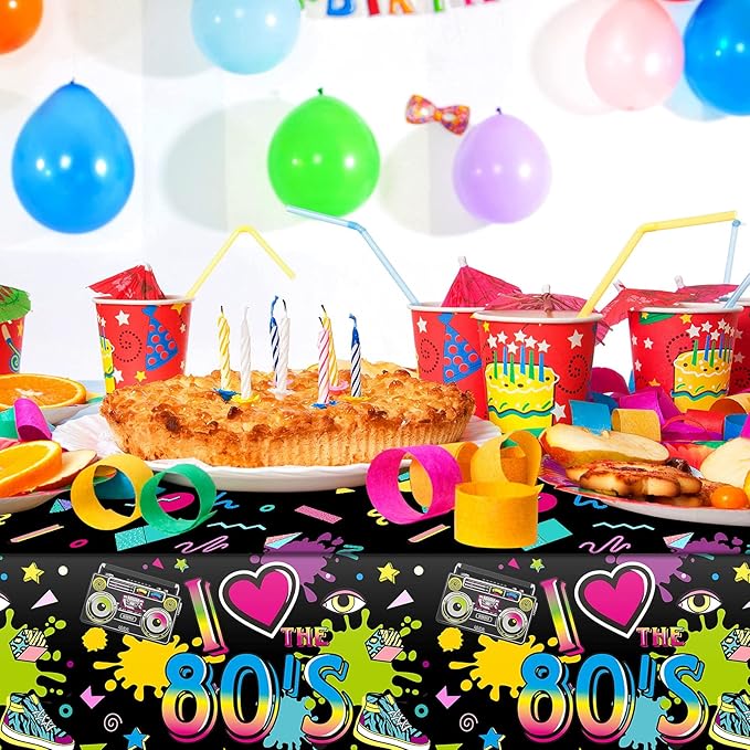 Tegeme 6 Pack 80s Plastic Party Tablecloth 80's Party Table Cover 80s Birthday Supplies The 80's Hip Hop Decoration Throwback Birthday Decoration for Dining Room, 54 x 108''
