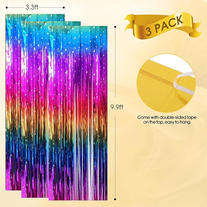 3 Pack Rainbow Backdrop Party Decorations Tinsel Curtain Party Backdrop Foil Fringe Birthday Decorations Photo Booth Streamer Rainbow Theme Bachelorette Graduation Party Decorations