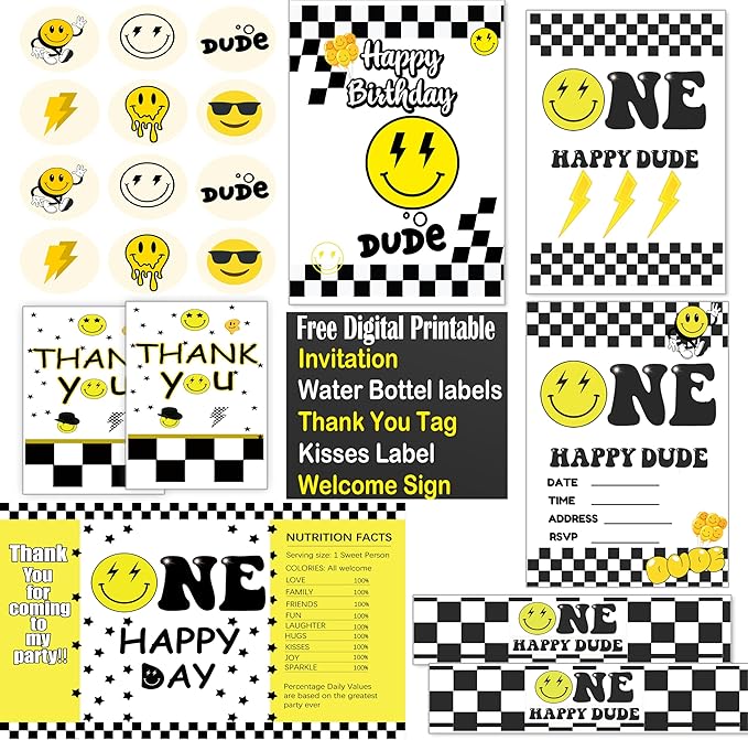 84 Pcs One Happy Dude Birthday Party Favor, 12 Set of Smile Face Theme Gift Box Straw Bubble Stickers Smile Badge Pin for First Birthday Party Supply