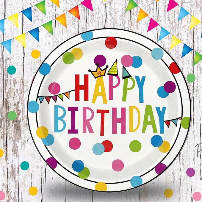 Birthday Plates & Napkins Party supplies - 175Pcs Happy Birthday Paper Plates and Napkins Sets, Disposable Happy Birthday Dots Tableware Set for Boys Girls Party Decorations, Serves 25