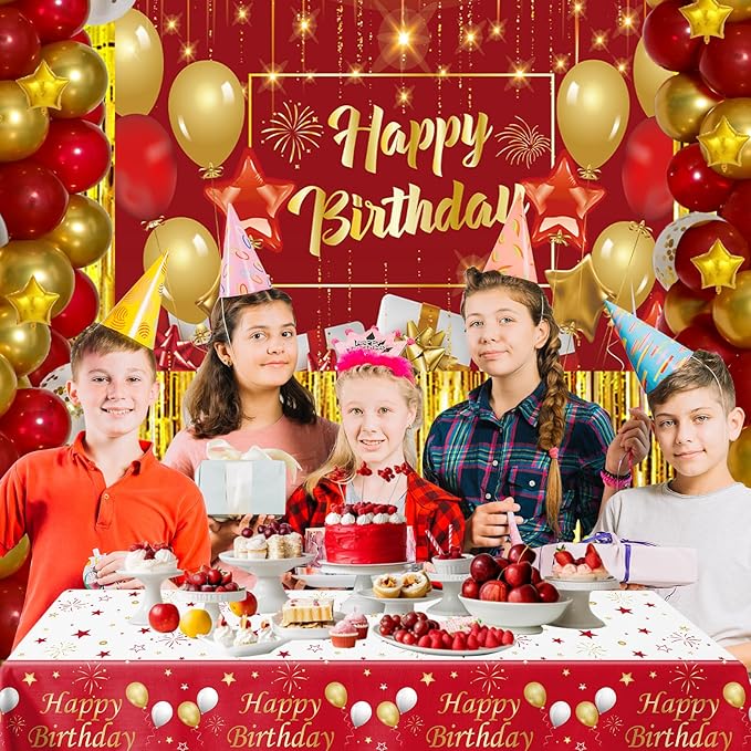 Red and Gold Birthday Decorations for Women Men, 72 Pcs Happy Birthday Banner Backdrop For Boys Girls Red Balloons Arch Kit Tablecloth Confetti Bday Party Supplies Indoors & Outdoors