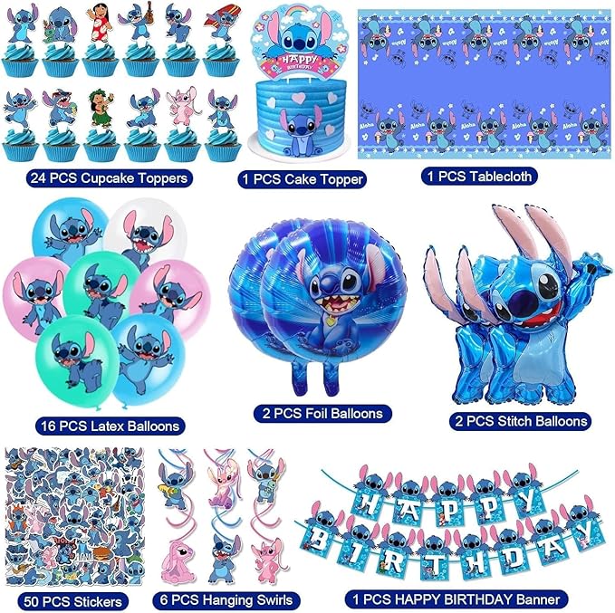 103PCS Stitch Party Supplies, Birthday Decorations Set Include Banner, Balloons, Stickers, Hanging Swirls, Cake Cupcake Toppers, Tablecloth for Boys Girls Stitch Theme Party