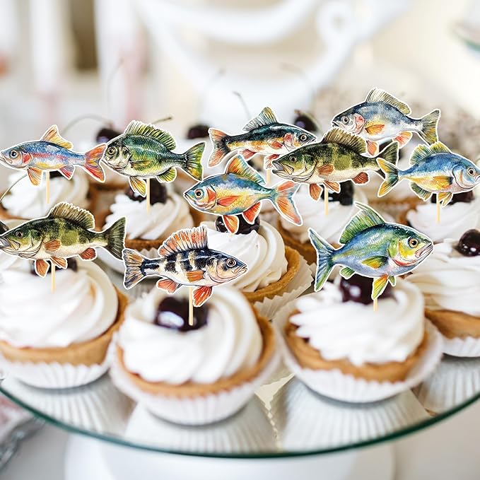 Fishing Birthday Party Decorations - 36PCS Fishing Cupcake Toppers Decorations Fish Themed Cupcake Picks Decor for Baby Showers Supplies
