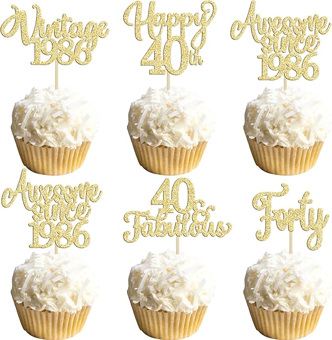 30Pcs Vintage 1986 Cupcake Toppers Glitter Forty Happy 40th Birthday 40 Fabulous Cupcake Picks Cheers to 40 Years for 40th Birthday Wedding Anniversary Party Cake Decorations Supplies Gold