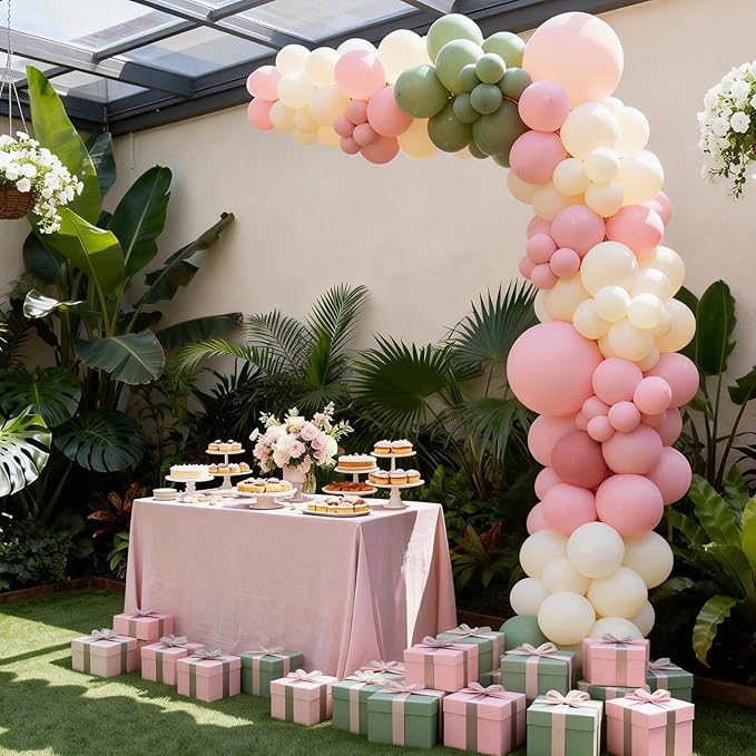 FunHot Sage Green Pink Balloons, 50 Pcs Pink and Green Balloon, 12 Inch Light Yellow Ivory Latex Balloons for Girls Baby Shower Birthday Boho Wedding Gender Reveal Jungle Spring Party Decorations