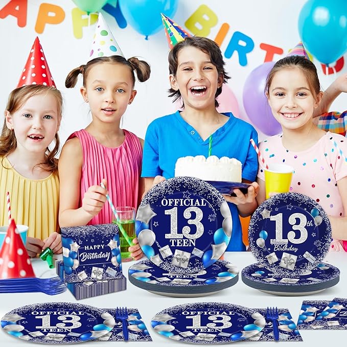 gisgfim 96 PCS 13th Birthday Party Supplies 13th Birthday Plates and Napkins Official Teen 13th Tableware Blue and Silver Dinnerware Set 13 Years Old Party Decorations Favors for Boys Girls Serve 24