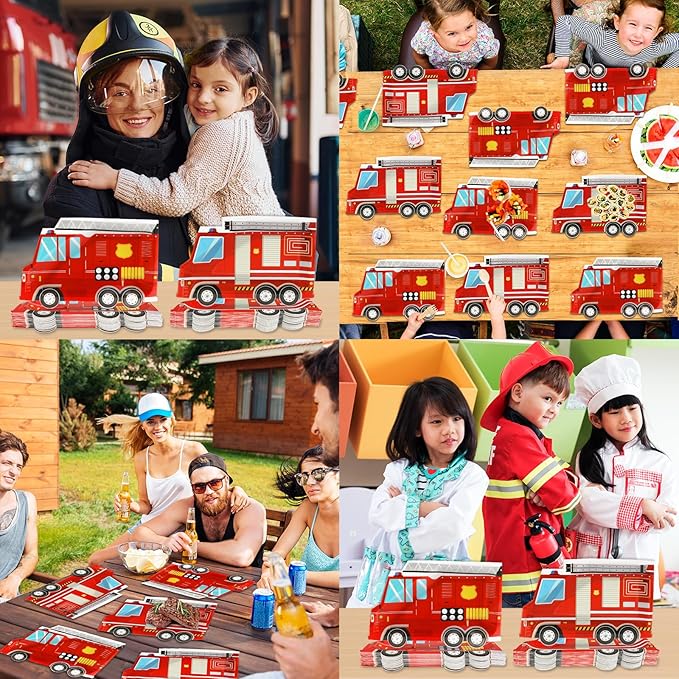 50 Pcs Firetruck Birthday Party Plates Fire Truck Shaped Disposable Plates Fireman Paper Plates Firefighter Dessert Plates for Firetruck Birthday Fireman Baby Shower Firefighter Table Party Supplies