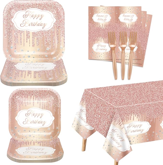 81 Pieces Rose Gold Party Decorations - Party Supplies Including Plates, Napkins, Tablecloth, Forks for Girl Women Mom Birthday, Serves 20