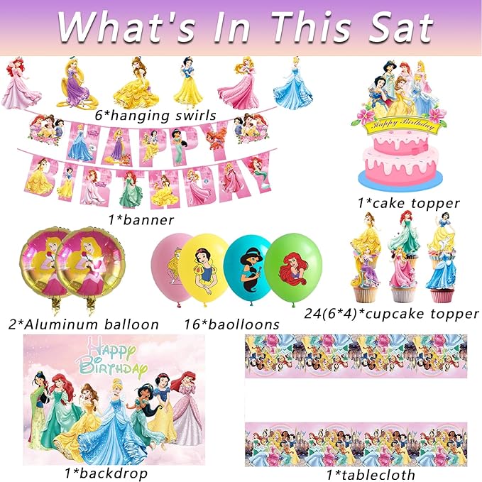 62PCS Disne Princess Party Supplies, Birthday Decorations Set Include Banner, Balloons, Backdrop, Cupcake Toppers, Tablecloth, Hanging Swirls for Kids Princess Theme Birthday Party