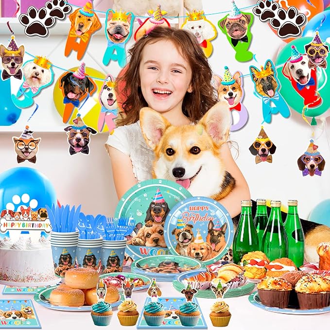 159 Pcs Puppy Birthday Party Decorations, 16 Guests Dog Birthday Tableware Set Dog Party Plates Cups Napkins Tablecloth Banner Balloon Cake Topper etc Puppy Themed Party Supplies