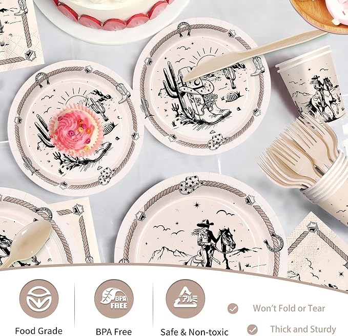 168pcs Western Party Plates Napkins Western Crowgirl Party Supplies Paper Cups Girl's Rodeo Tableware Set Wild Cowgirl Birthday Decorations for Girls Birthday 24 Guests