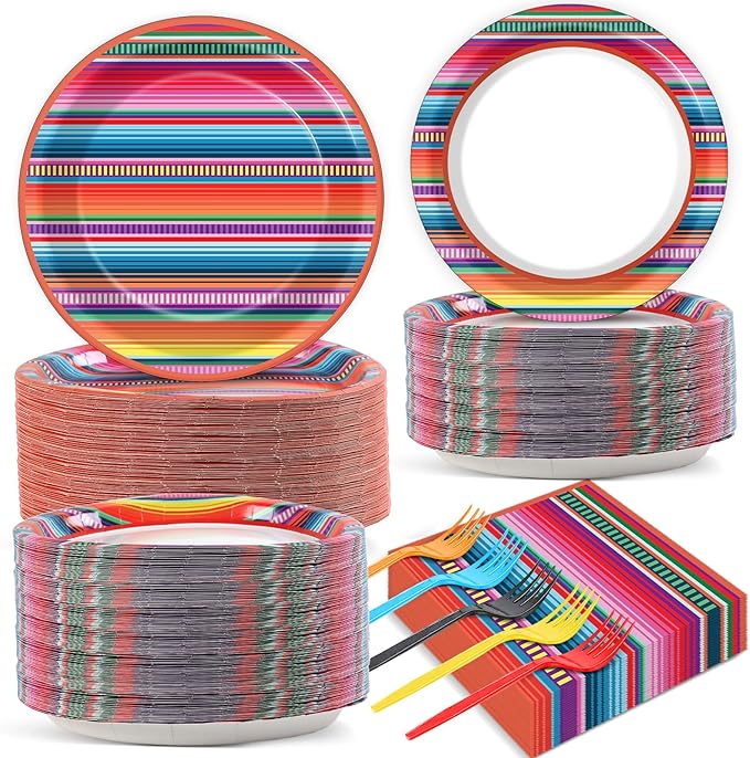 200PCS Mexican Paper Plates and Napkins Fiesta Taco Themed Party Supplies Mayo Mexican Party Decorations Serape Disposable Dessert Plates Dinner Tableware Set Stripe Mexico Dinnerware Favors
