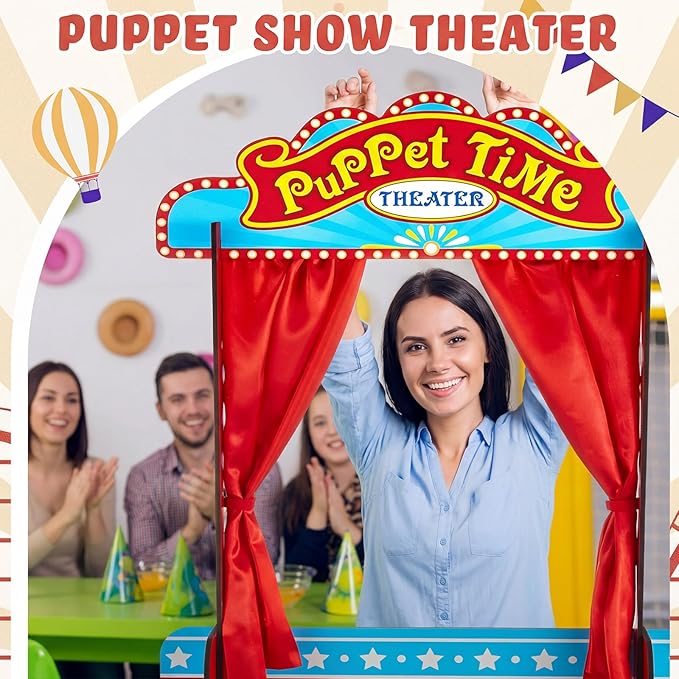 Wooden Tabletop Puppet Theater with Curtains, Puppet Show Stage, Imaginative Play Theatre, Inspires Imagination and Creativity, 17.7 x 5.9 x 22.1 Inches (Circus)