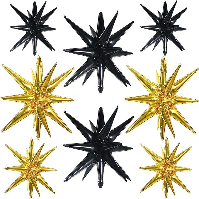 TONIFUL 8 Pcs Black Gold Star Foil Balloons Large Explosion Star Mylar Decorations for Party Backdrop Christmas New Year Birthday Wedding Baby Shower Anniversary Photo Booth Supplies