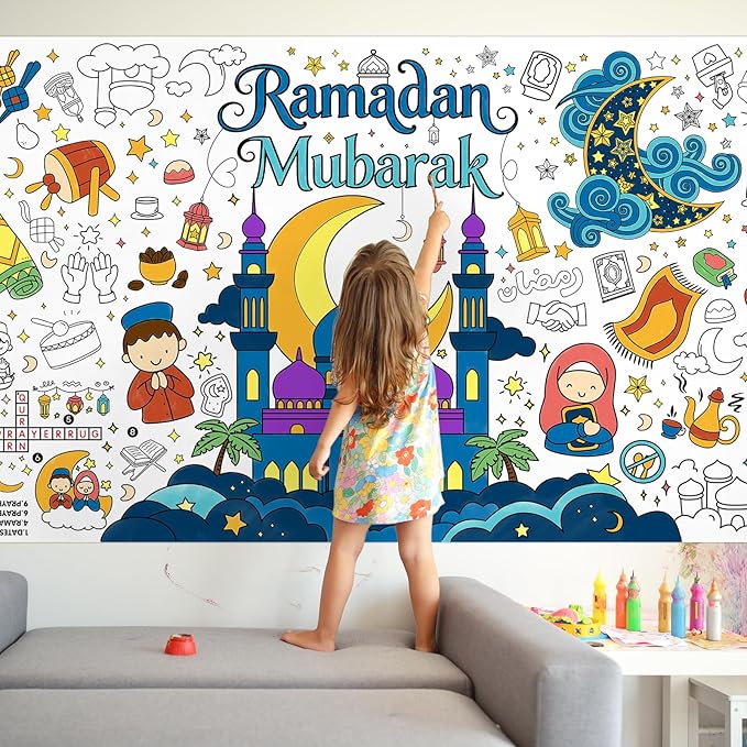 Gatherfun Ramadan Activity Poster & Home Decor - 31.5 x 72 Coloring Banner/Table Cover for Eid Mubarak Decoration, for School Parties & Ramadan Decoration