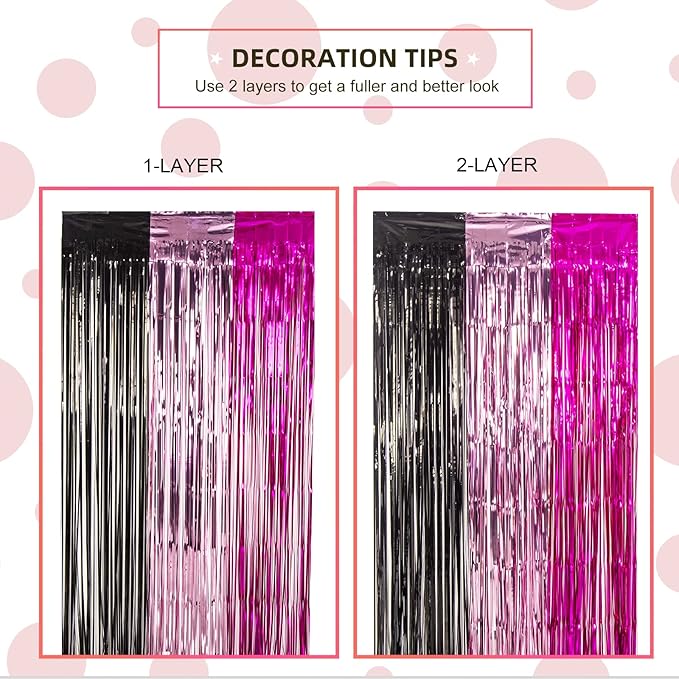 LOLStar 3 Pack Cartoon Mouse Birthday Party Supplies,3.3x6.6 ft Black Pink Fuchsia Tinsel Foil Fringe Curtains,Cartoon Mouse Photo Booth Prop Streamer Backdrop, Kawaii Party Decoration for Girls Baby