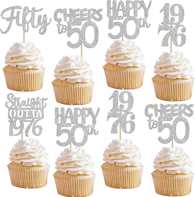 30PCS 50th Birthday Cupcake Toppers Glitter Fifty Happy 50 Straight Outta 1976 Cupcake Picks for Cheers to 50 Years 50th Birthday Wedding Anniversary Party Cake Decorations Supplies Silver