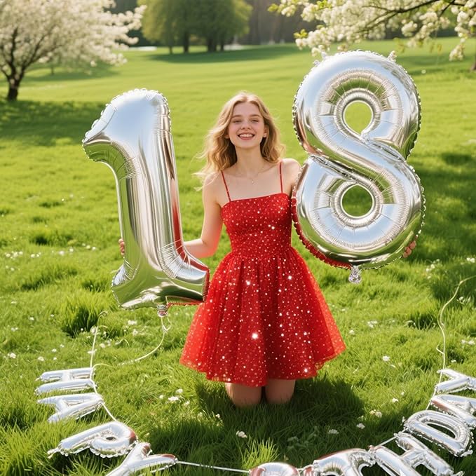 40 Inch Silver Number 18 Digital Balloon,Jumbo Mylar Foil Helium Balloon for 18 Balloons for Birthday Party,Wedding Anniversary Party Decorations