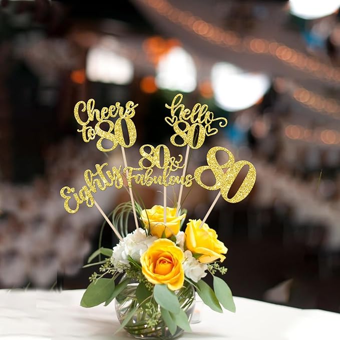 15PCS Happy 80th Birthday Centerpiece Sticks Hello 80 Fabulous Table Flower Centerpieces Sticks Eighteen Cheers to 80 Years Floral Decoration for Happy 80th Birthday Party Centerpieces Sticks Gold