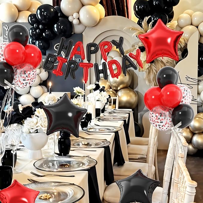 29PC Red Black Happy Birthday Balloon Banner, 16 Inch 3D Letter Banner Sign, Black Red Confetti Latex Balloons Helium 18 Inch Star Foil Balloons for Kids, Women, Men Birthday Party Decor