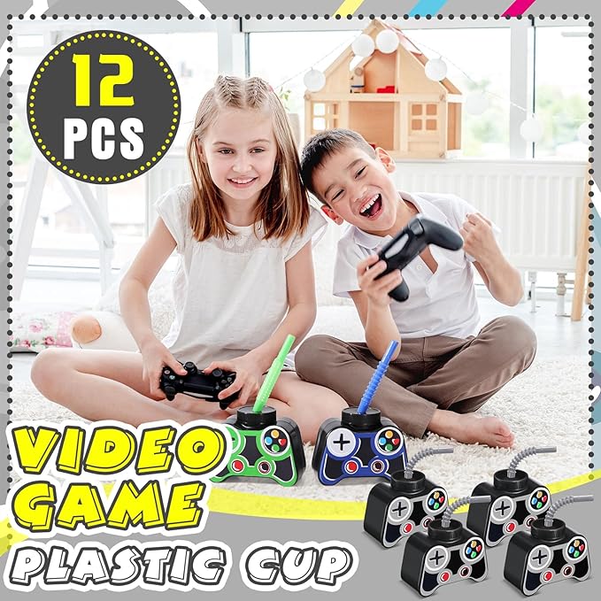 Mifoci 12 Pcs Plastic Video Game Party Cups with Straw and Lid 10oz Gamer Birthday Themed Drink Cups 7th Video Game Party Favors for Kids Toddlers Gamer Birthday Supplies (Gray)