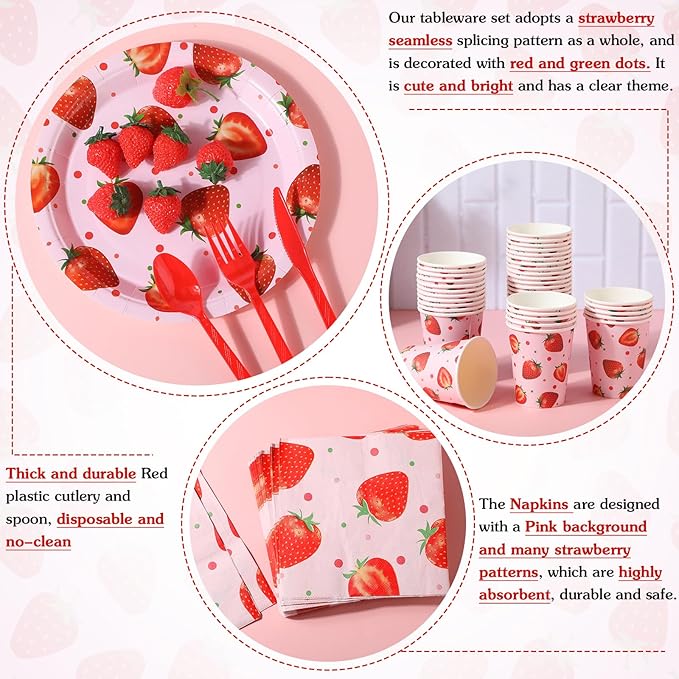 350 Pcs Strawberry Party Supplies Tableware Set Disposable 9'' 7'' Paper Plates 9 oz Cups Cutlery Napkins Dinnerware Set for 1st Berry First Birthday, Serve 50 (Strawberry, Red, Pink)