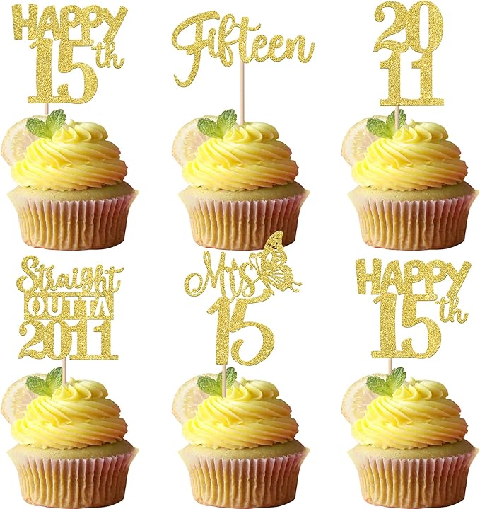30PCS Straight Outta 2011 Cupcake Toppers Gold Glitter Fifteen Happy 15th Birthday Cupcake Picks Cheers to 15 Years Cake Decorations for 15th Birthday Anniversary Party Decoration Supplies
