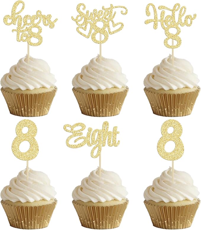 30Pcs 8th Birthday Cupcake Toppers Glitter Eight Hello 8 Cupcake Picks Cheers to 8 Years Old Cake Decorations for 8th Birthday Party Supplies Gold