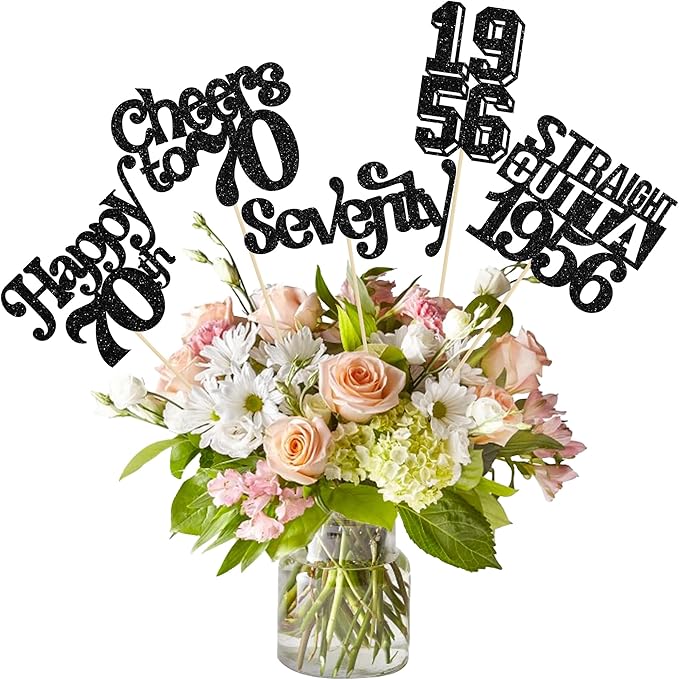 Gyufise 15Pcs Happy 70th Birthday Centerpiece Sticks Seventy Straight Outta 1956 Table Flower Centerpieces Sticks Decorations for Cheers to 70th Birthday Party Supplies Black