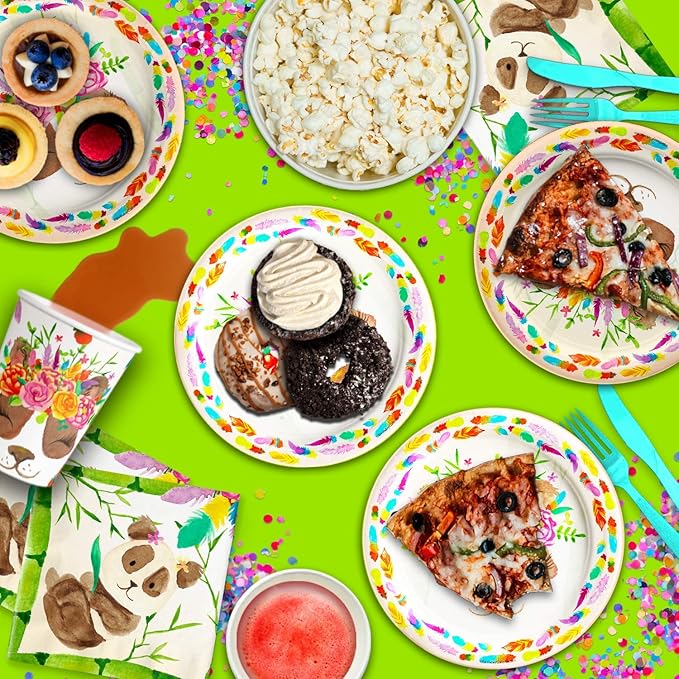Panda Floral Birthday Party Supplies Set - Panda Bear Party Supplies - Boho Party Supplies - Birthday Party for Girl - 1st Birthday Party | Tableware Includes Plates, Napkins and Cups | Kit for 16