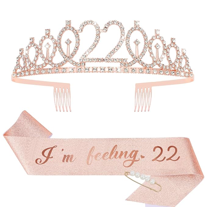 CIEHER 22nd Birthday Sash and Tiara Rose Gold, 22nd Birthday Decorations for Women 22nd Birthday Gifts 22nd Birthday Sash 22 Year Old Birthday 22nd Birthday Cake Topper