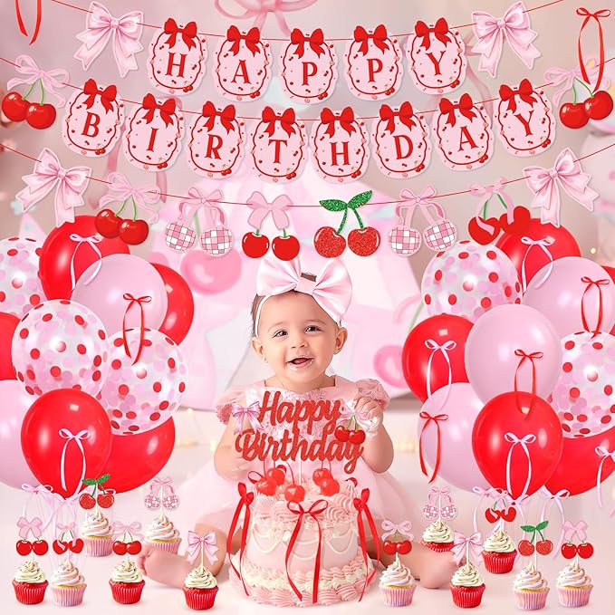 K KUMEED Cherry Birthday Decorations,Cute Happy Birthday Cherry and Bow Banner,Summer Fruit Cherries Party Supplies Cake Topper Latex Balloons for Birthday Party Decorations