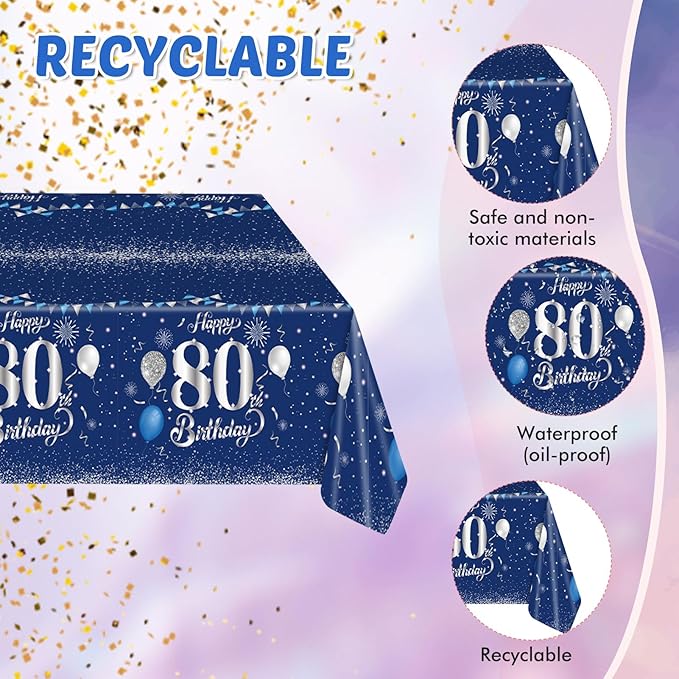 Blue 80th Birthday Decorations for Men Navy Blue Silver Happy 80th Birthday Tableware Set Include Happy 80th Birthday Plates Napkins Tablecloth for 60th Birthday Anniversary Party Decorations Supplies