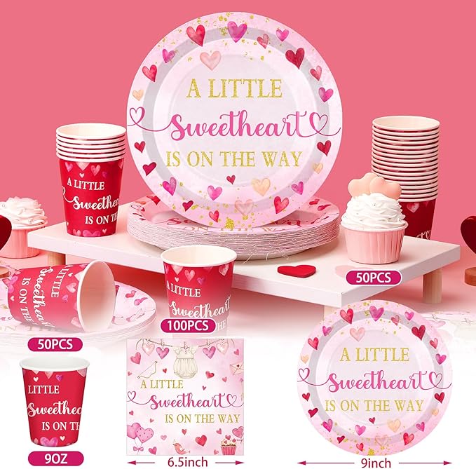 Hushee 200 Pcs Valentine's Day Little Sweetheart Baby Shower Paper Plates Cups Napkins Party Supplies Tableware Set Disposable Cup Napkin for 50 Guest Party Decoration