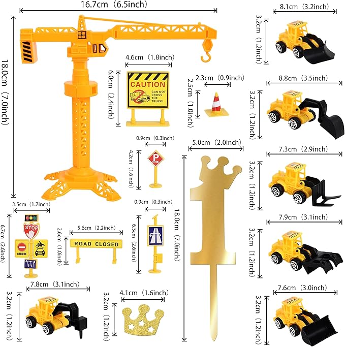 17 Pack Construction Vehicles Cake Toppers Set Acrylic Number 1 Cake Picks Road Sign Tower Digger Cupcake Toppers for Construction Theme Baby Shower Kids 1st Birthday Party Cake Decorations Supplies