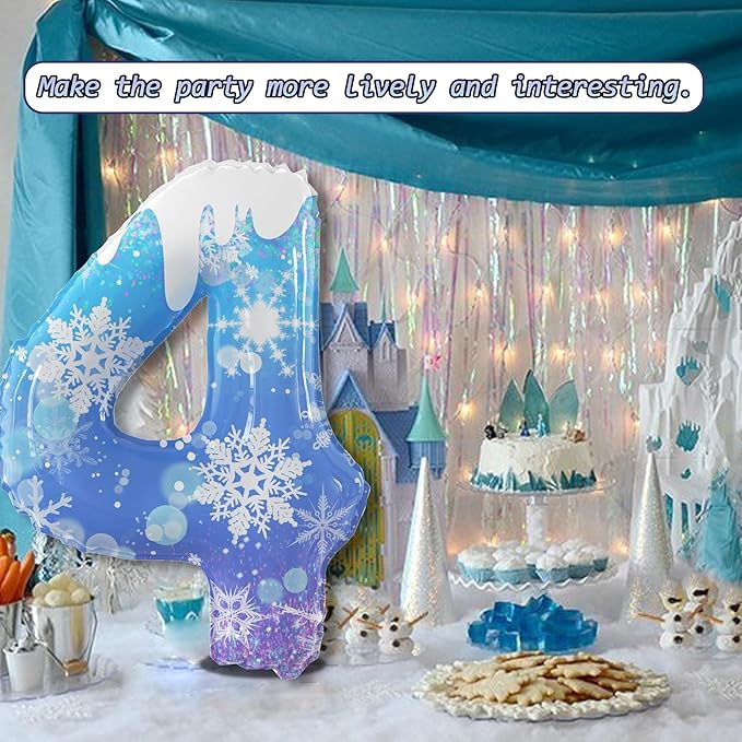 40 Inch Frozen Balloons Number 4 Birthday Balloons Decorations for Girls Birthday Snowflake Themed Party Supplies Winter Party Decorations (Blue Snowflake, number 4)
