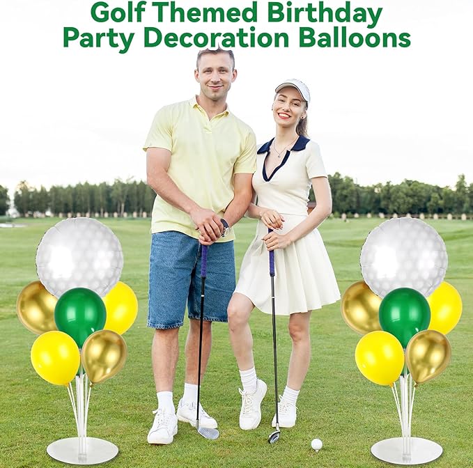 Golf Party Balloons Stand Kit 2 Sets With 2 White Golf Balls Foil Balloons Centerpieces for Tables Sports Party Dark Green Yellow Gold Balloon for Baby Shower Golfing Sports Theme Birthday Decorations
