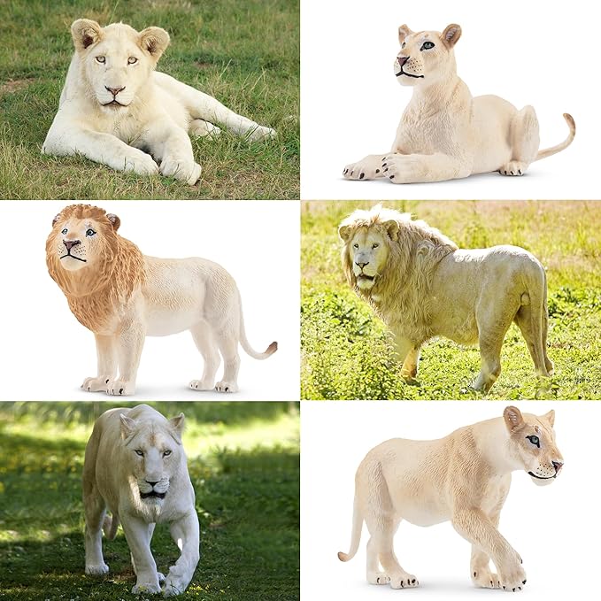 Toymany 6PCS White Lion Figurines with Lion Cubs, 2-5" Wild Life Jungle Animals Figures Realistic Family Set Includes Baby Lions, Educational Toy Cake Toppers Easter Birthday Present for Kids