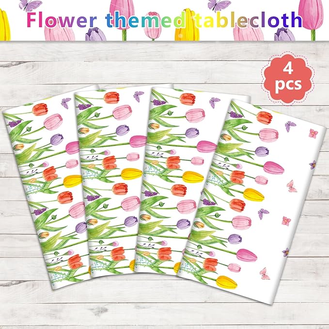 4 Pack Spring Summer Lavender Tulip Tablecloth Blooming Floral Table Cloth Wild Flower Tablecloth Watercolor Party Table Cover Easter Picnic Spring Summer Party Decorations 51 x 86 Inch