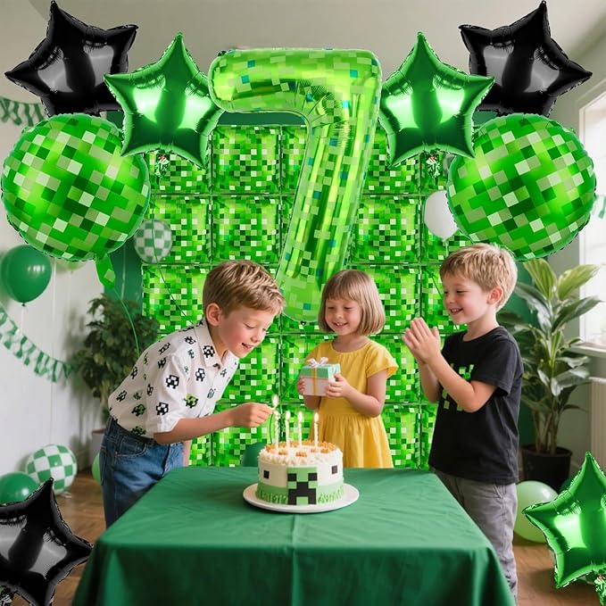 40 Inch Green Pixel Themed Number 7 Balloon Set Foil Balloon for Girls & Boys Birthday Party Decorations, Party Supplies & Favors (Number 7)