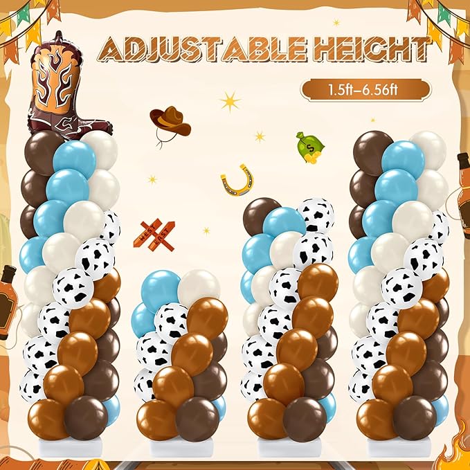 Kasyat 2 Set Western Cowboy Balloon Column Stand Kit, Brown Slate Blue Dusty Blue Sand White Cow Print Balloons Garland Arch Kit for Farm Western Cowboy Baby Shower Birthday Party Decorations