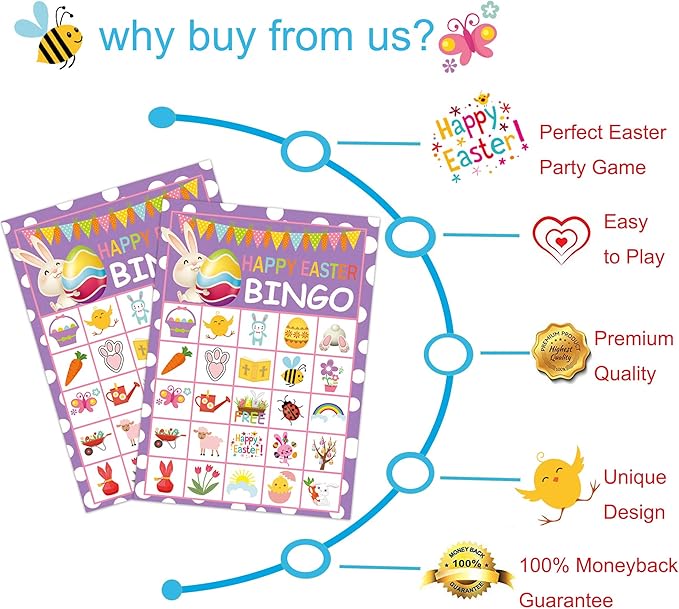 Easter Crafts for Kids, Easter Games for Kids, Easter Bingo, Fun Easter Bunny Bingo Cards for 24 Players, Easter Activities, Easter Party Supplies Favors for Family School Classroom