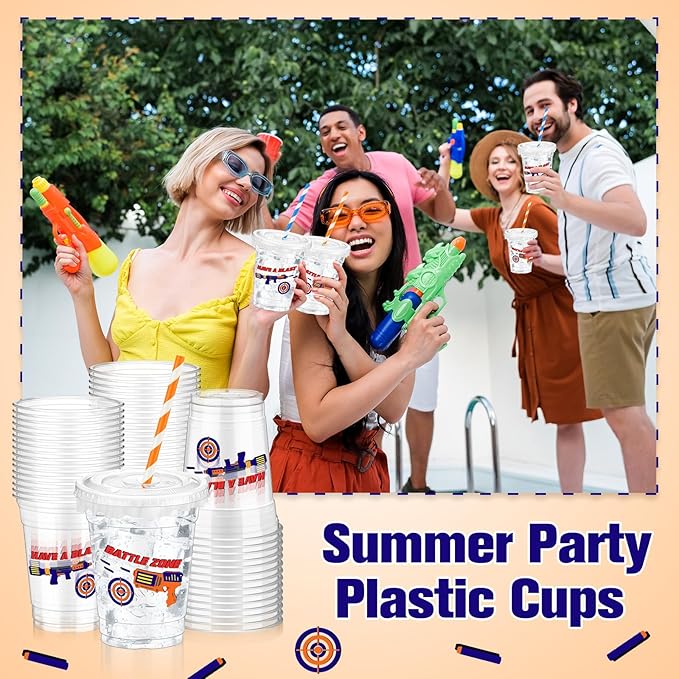 Domensi 50 Pcs Dart Party Plastic Cups 12 oz Disposable Dart Game Plastic Cups with Straws and Lids Gun Clear Mug Supplies Birthday Table Decorations Party Favor