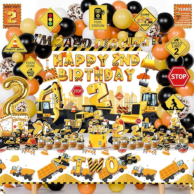 Mpanwen Construction Party Decorations for 2 Year Old Boy, 128Pcs Truck Construction 2nd Birthday Party Supplies for Baby Boys - Backdrop, Wall Signs, Tablecloth, Crown, Poster, Paper Glasses