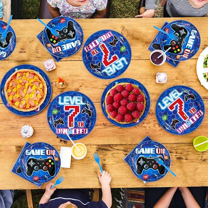 96Pcs 7th Video Game Birthday Party Decorations Blue Video Game Level Birthday Plates and Napkins Tableware Sets for Boys 7 Years Old Gamer Gaming Party Serves 24