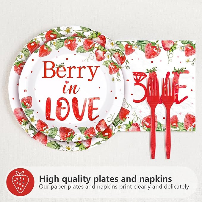 96Pcs Strawberry Bridal Shower Party Supplies Love is Berry Sweet Party Plates and Napkins Disposable Berry in Love Tableware Set for Women Bridal Shower Wedding Engagement Decorations Serves 24