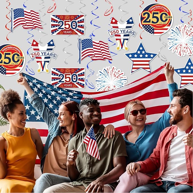 USA 250th Anniversary Hanging Swirls, 30Pcs United States 250 Years Ceiling Streamers Hanging Ornaments for American Anniversary Party Decorations