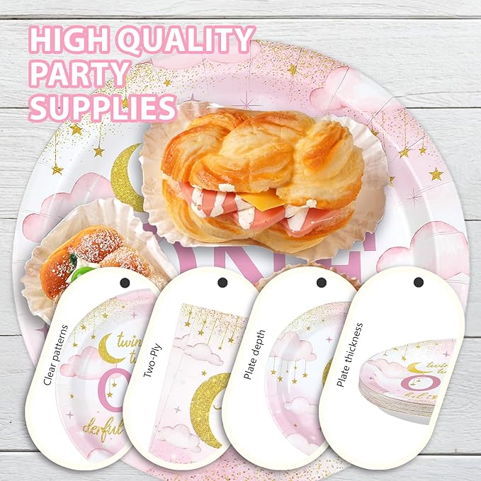 96Pcs Over the Moon Baby Shower Decorations Twinkle Twinkle Little Star 1st Birthday Party Plates Pink Gold Moon Themed Tableware for Girls Baby Shower One Year Old Birthday Supplies