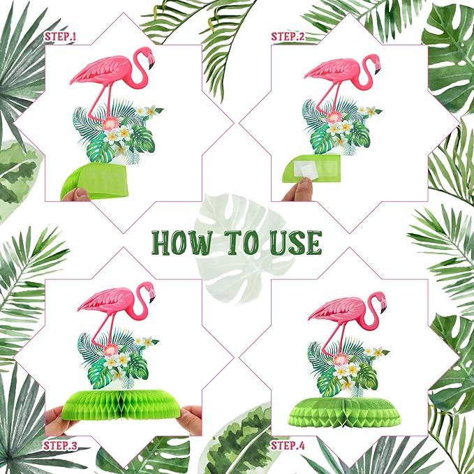 Funtery 9 Pcs Flamingo Centerpieces for Tables Hawaii Luau Honeycomb Centerpieces Flamingo Party Decorations Tropical Aloha Party Table Topper for Kid Birthday Party Supplies Table Decoration