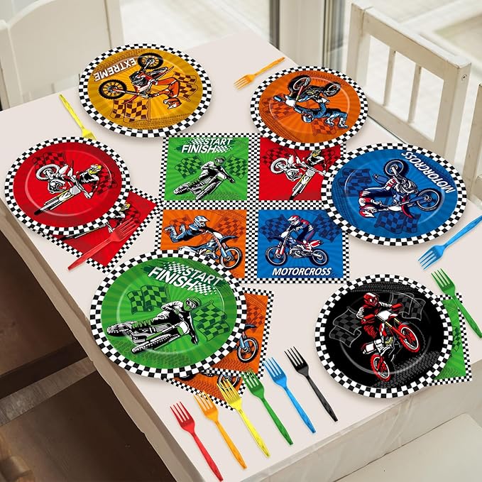 96Pcs Dirt Bike Party Decorations Motocross Birthday Dessert Plates Tableware Motorcycle Theme Dinner Paper Plates Napkins Racing Theme Dinnerware for Boys Baby Shower Supplies Favors